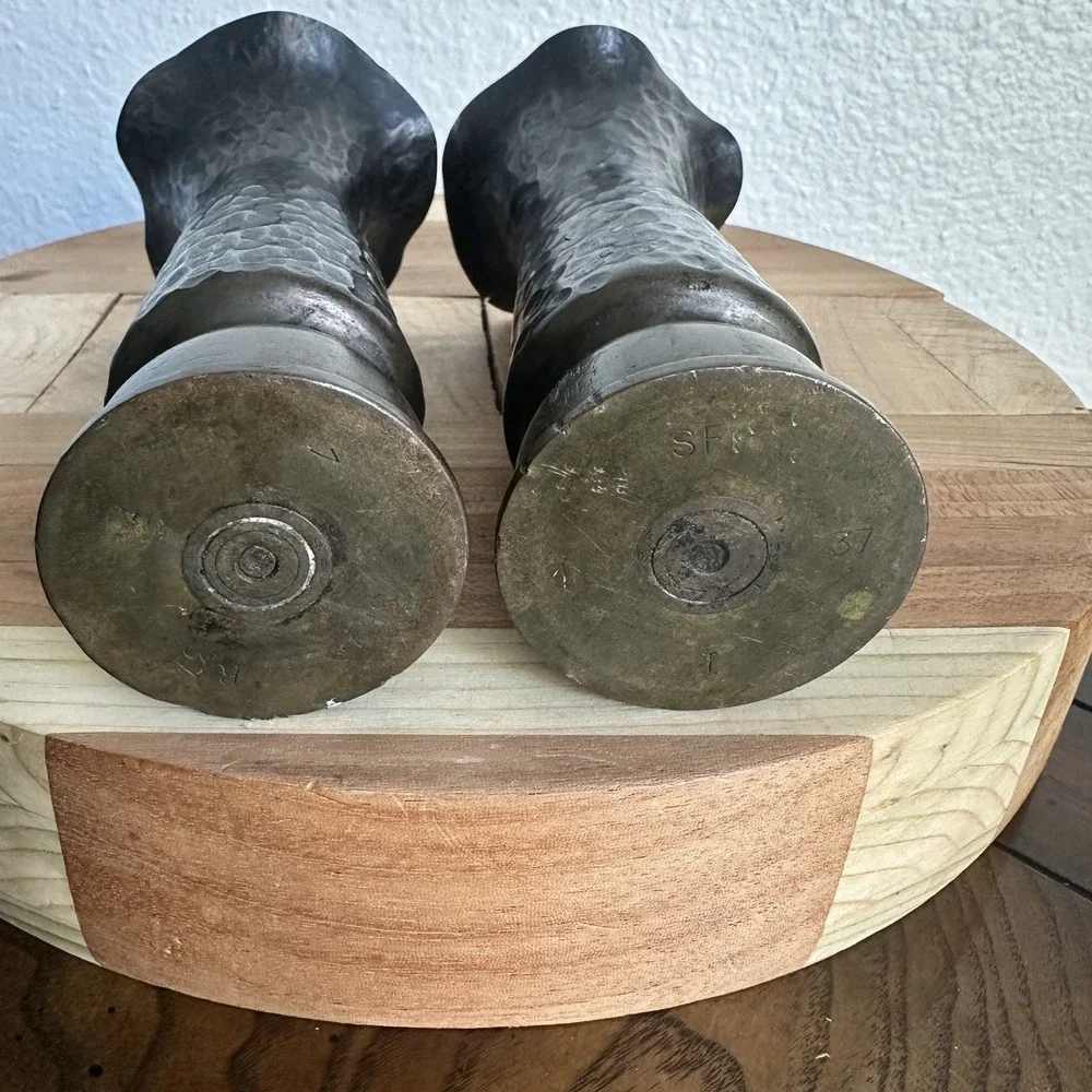 Pair WW1 1916 French Trench Art Vases 5.5 Inch Artillery Shell Brass‎ Dimpled